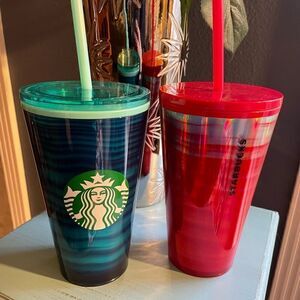 Starbucks Turquoise Blue and Fire Red Wave 16 oz Tumblers